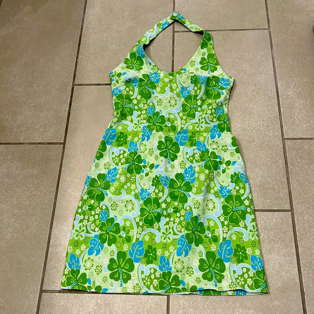 Retro pucci style halter dress in green floral print. Size small